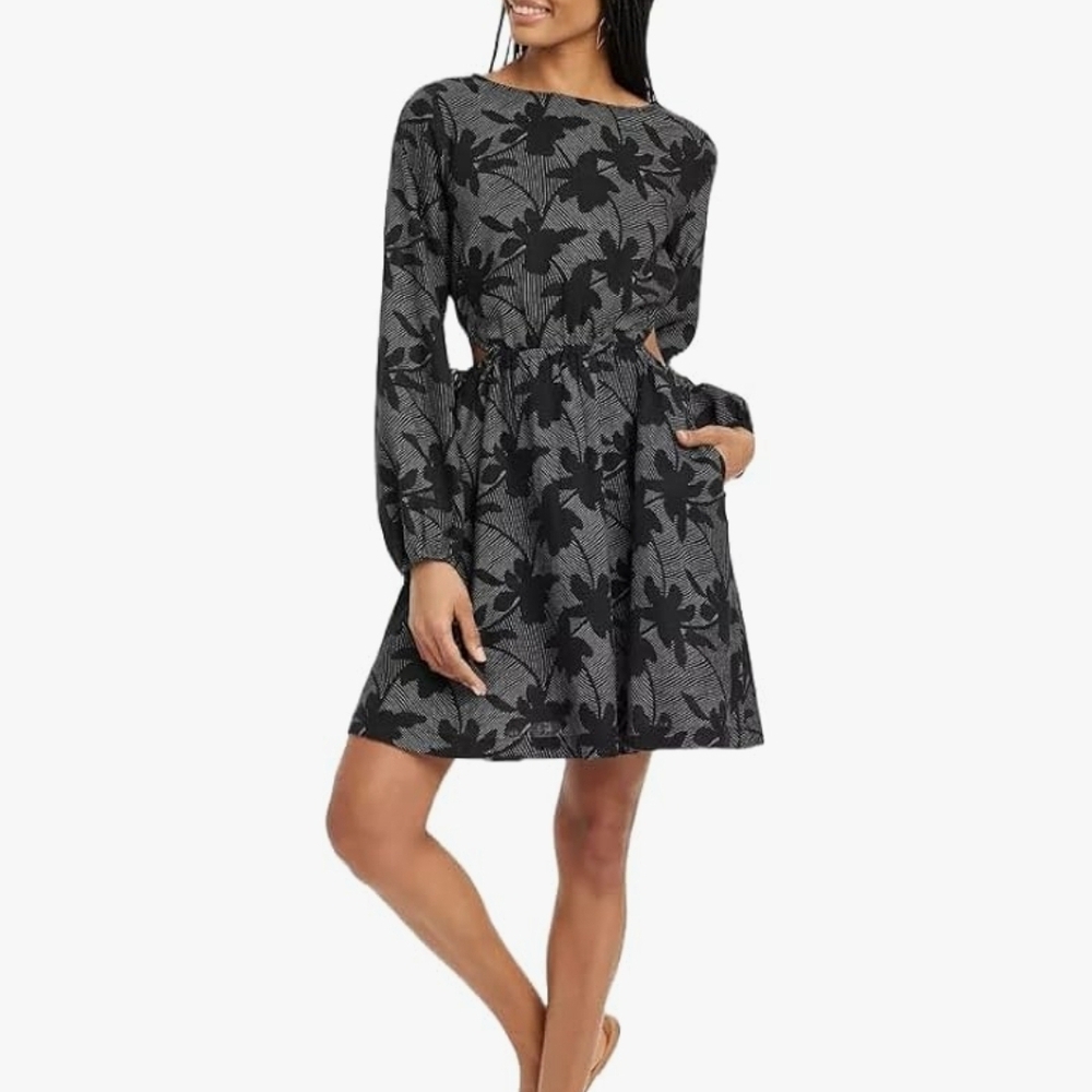 Universal Thread Black and Gray Floral Long Sleeve Dress